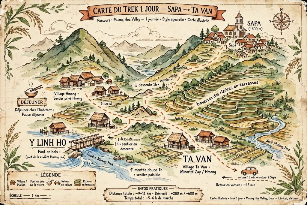 Carte du parcours 1 jour Sapa (1600m) → descente 1h → Y Linh Ho (pont rivière Muong Hoa) → montée douce 1h → Lao Chai (1100m) sentier privé Hmong → déjeuner → traversée rizières hautes → Ta Van (1000m) → voiture 15 min → Sapa.