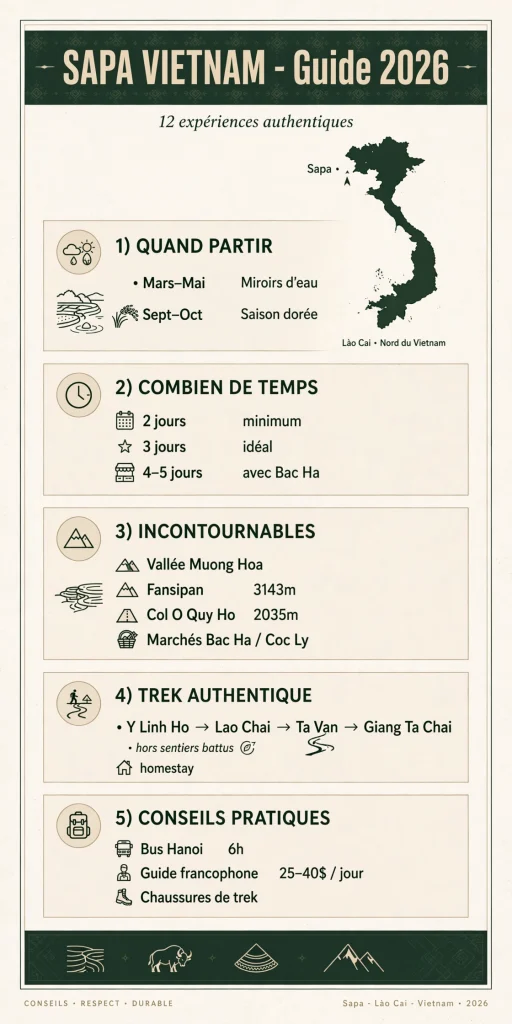 Infographie Sapa Vietnam 2026 - Quand partir, combien de temps, incontournables, trek authentique