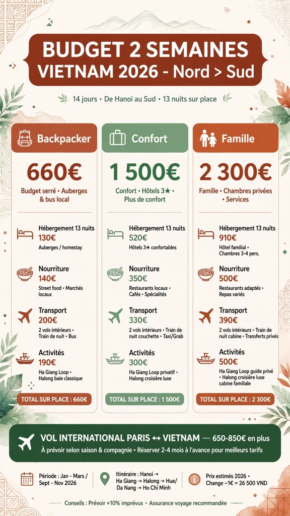 Budget 2 semaines Vietnam Nord Sud en euros 2026
